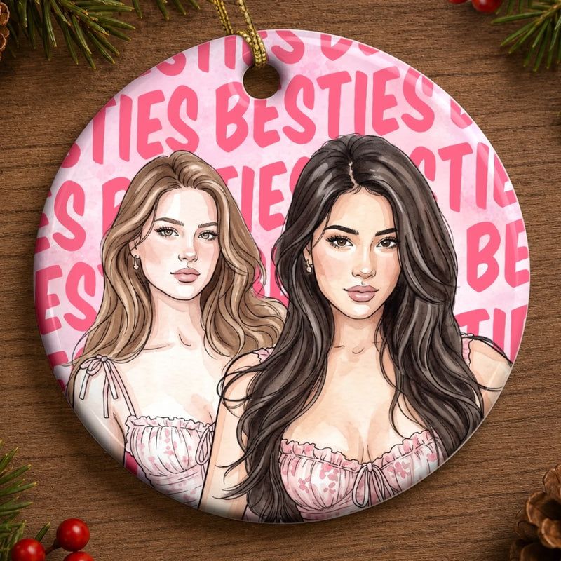 Custom Photo Watercolor Bestie Christmas Keepsake - Personalized Ceramic Ornament