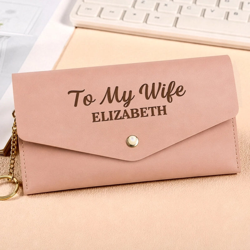 Custom Name Romantic Gifts For Wife - Personalized Leather Envelope Wallet