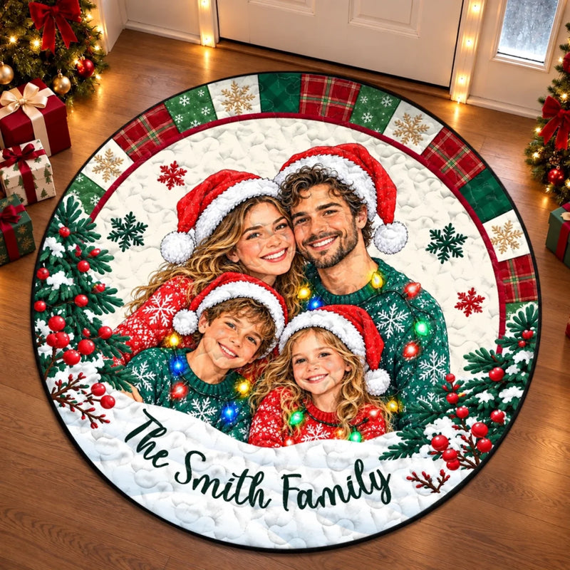 Custom Photo Family Christmas Decor - Personalized Quilted Round Mat