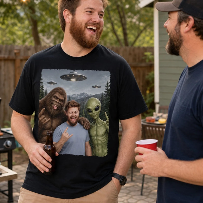 Custom Photo Funny Bigfoot Alien UFO Gifts for Men and Women - Personalized Comfort T-Shirt