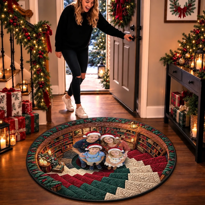 Custom Family Photo Christmas Library Decor - Personalized Quilted Round Mat