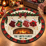 Custom Name Christmas Stockings Fireplace Family Decor - Personalized Quilted Round Mat
