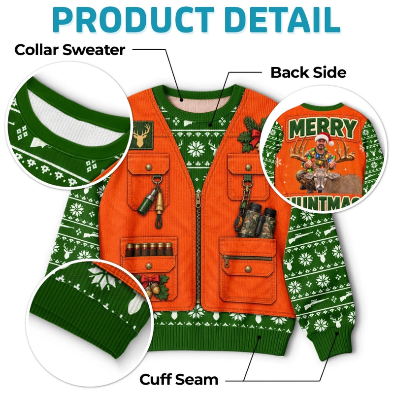 Custom Photo Merry Huntmas Deer Scene for Him - Personalized Ugly Sweatshirt
