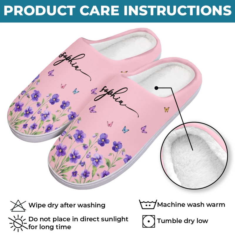 Custom Name Birth Month Flowers Gifts For Women - Personalized Fluffy Slippers