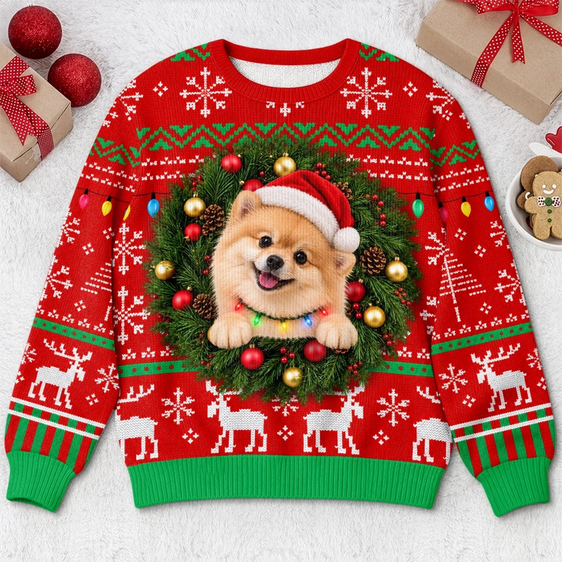 Custom Pet Photo Christmas Wreath Gifts For Dog And Cat Lovers - Personalized Ugly Sweatshirt