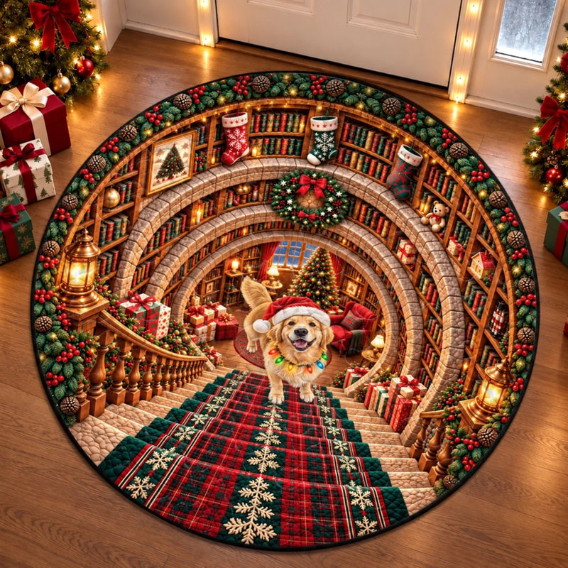 Custom Pet Photo Christmas Reading Nook Gifts For Pet Lovers - Personalized Quilted Round Mat