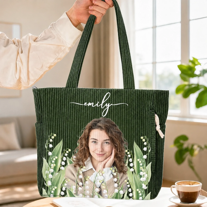 Custom Photo Birth Month Flowers Gifts For Women - Personalized Corduroy Tote Bag