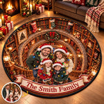 Custom Photo Christmas Family Library Decor - Personalized Quilted Round Mat