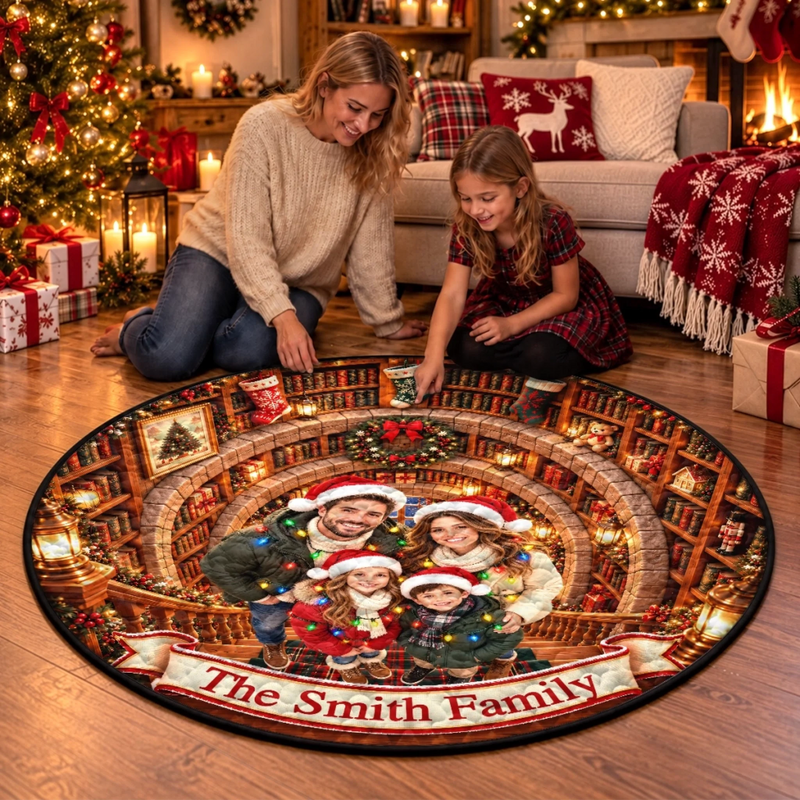 Custom Photo Christmas Family Library Decor - Personalized Quilted Round Mat