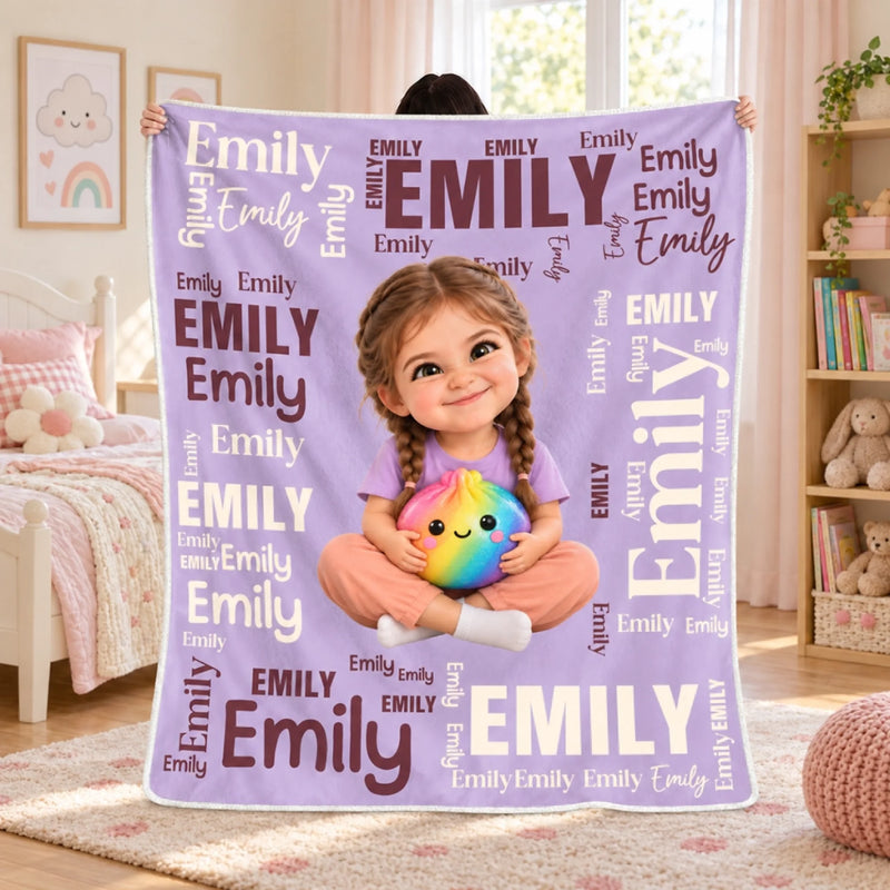Custom Name Rainbow Squishy Character Photo Gifts for Kids - Personalized Blanket