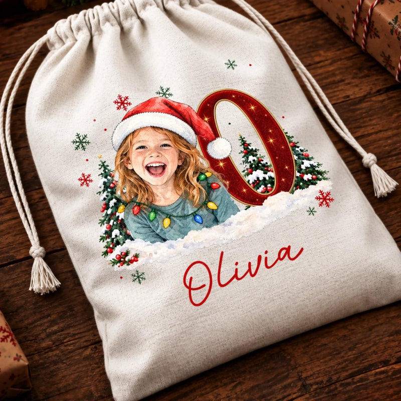 Custom Santa Photo Christmas Gifts for Kids - Personalized Drawstring Gift Bag