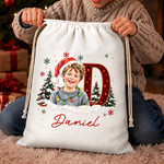 Custom Santa Photo Christmas Gifts for Kids - Personalized Drawstring Gift Bag