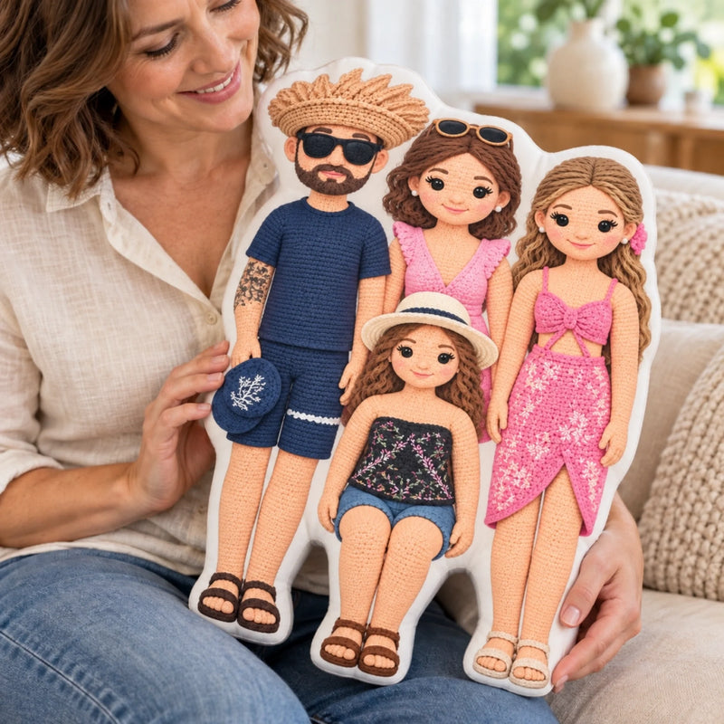 Custom Photo Crochet Character Family Gifts - Personalized Shaped Pillow