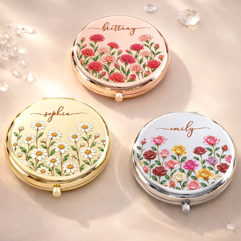 Custom Name Birth Month Flower Gift For Her - Personalized Compact Mirror