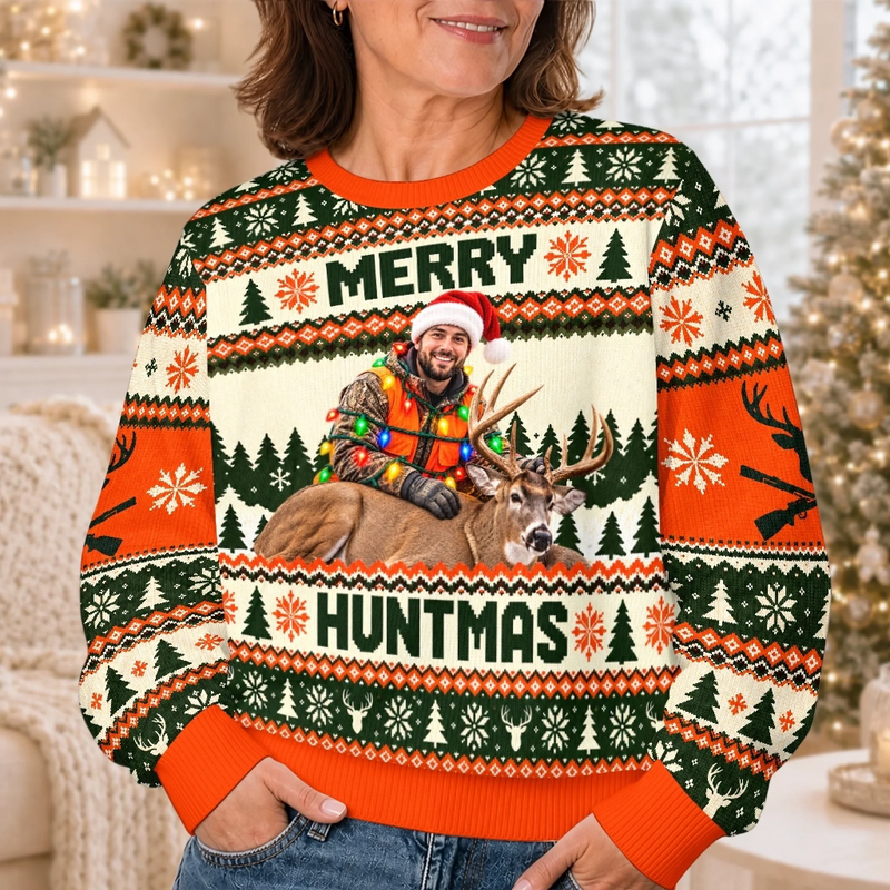 Custom Photo Christmas Hunting Gifts for Men - Personalized Ugly Sweatshirt