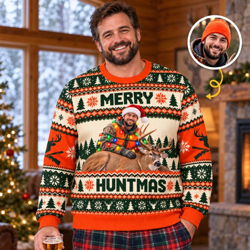 Custom Photo Christmas Hunting Gifts for Men - Personalized Ugly Sweatshirt