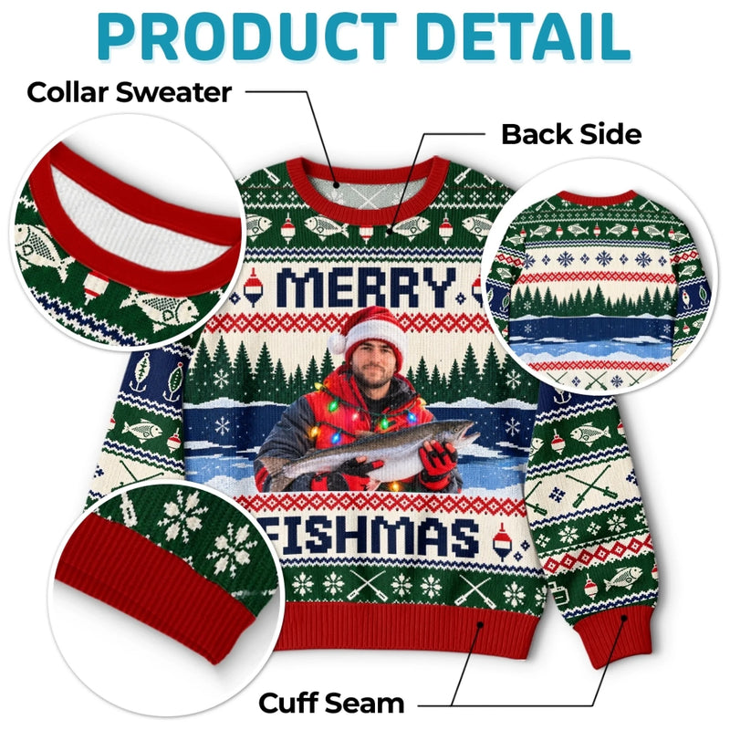 Custom Photo Fishmas Christmas Gifts for Anglers - Personalized Ugly Sweatshirt