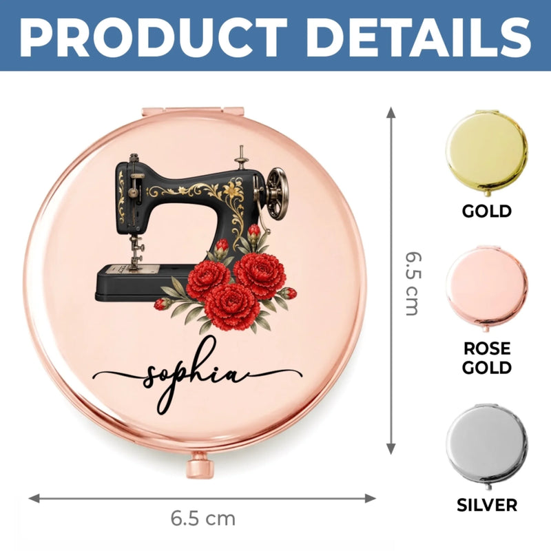 Custom Name Sewing Machine Floral Gifts For Seamstresses, Women - Personalized Compact Mirror