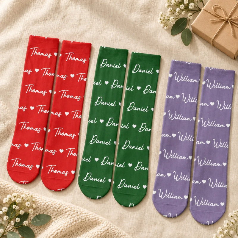 Custom Name Heart Pattern Gifts For Family, Kids - Personalized Middle Tube Socks