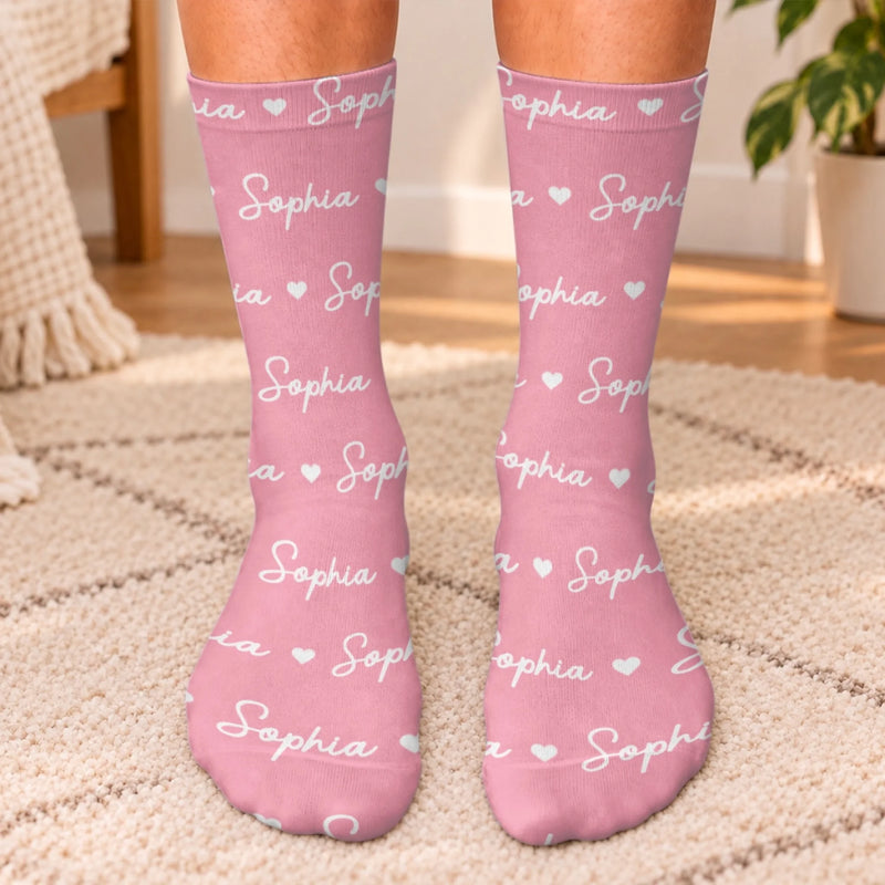 Custom Name Heart Pattern Gifts For Family, Kids - Personalized Middle Tube Socks