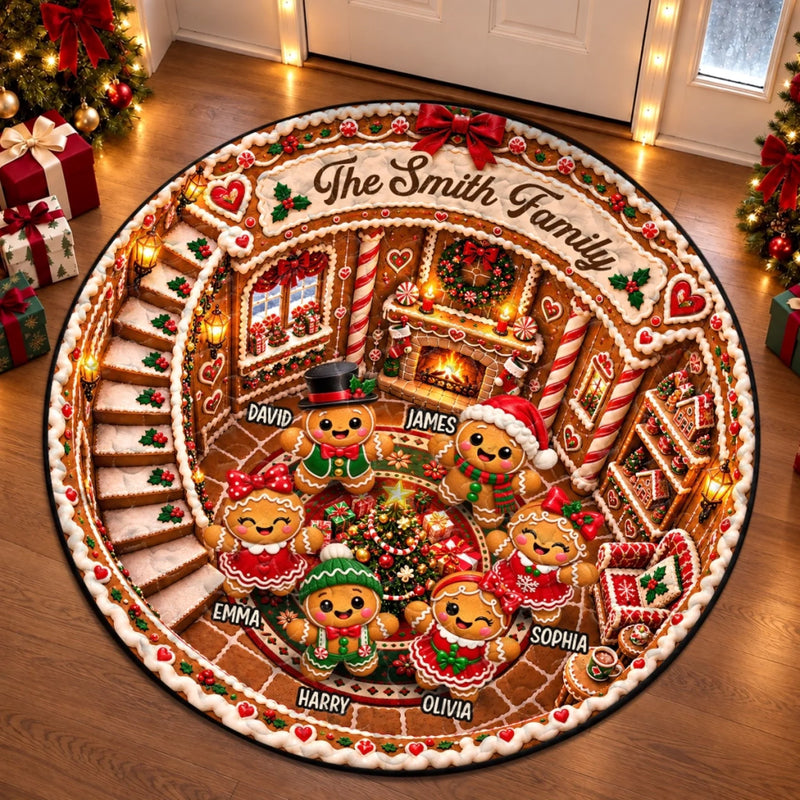 Custom Name Christmas Gingerbread Family Decor - Personalized Quilted Round Mat