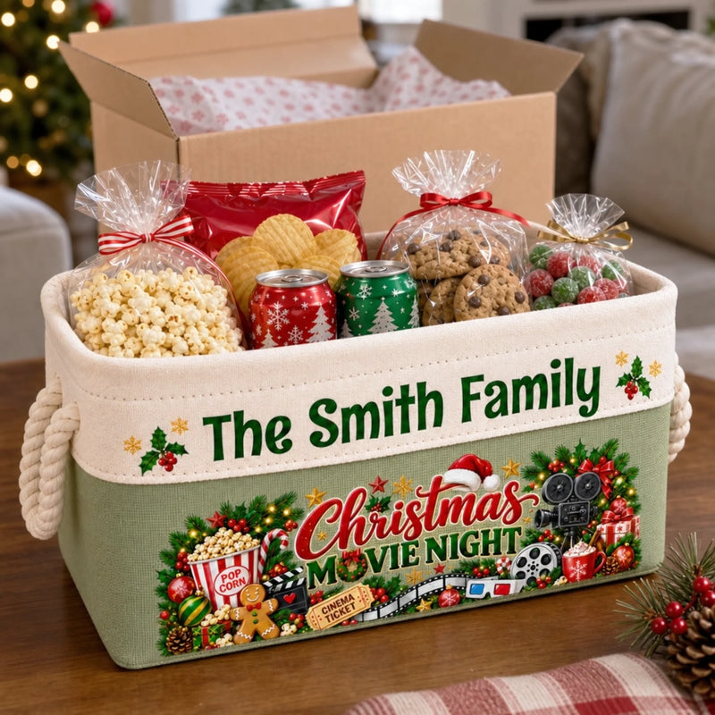 Custom Name Christmas Movie Night Gifts for Families - Personalized Storage Basket