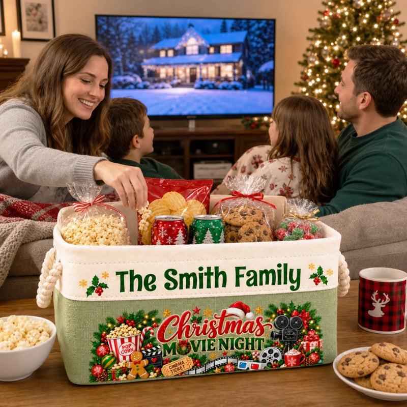 Custom Name Christmas Movie Night Gifts for Families - Personalized Storage Basket