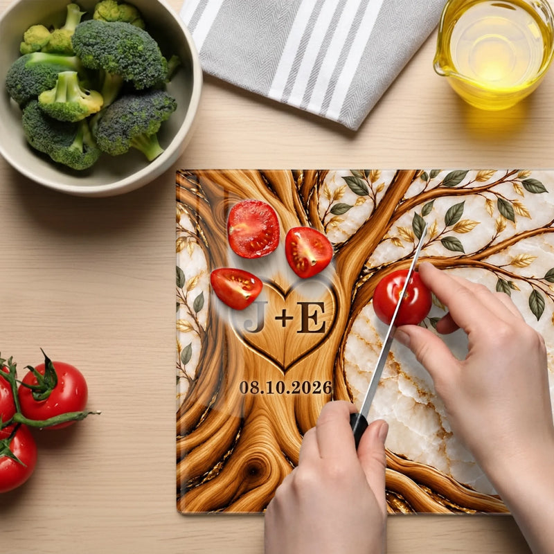 Custom Initials Heart Tree Anniversary Gifts For Couples - Personalized Glass Cutting Board