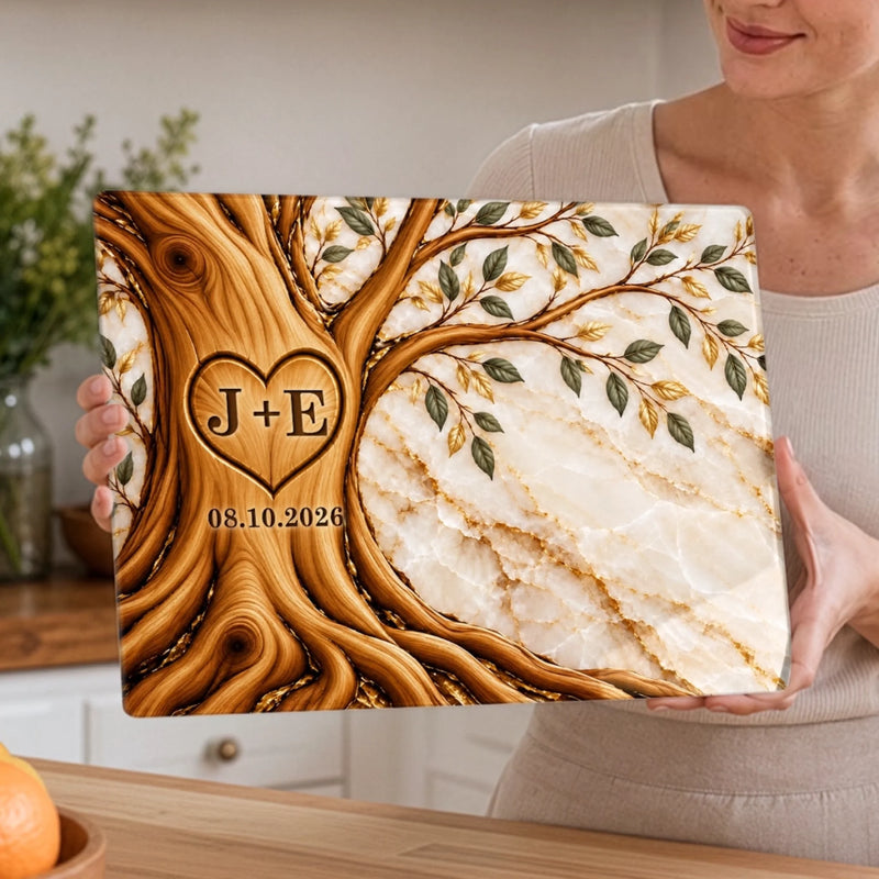 Custom Initials Heart Tree Anniversary Gifts For Couples - Personalized Glass Cutting Board