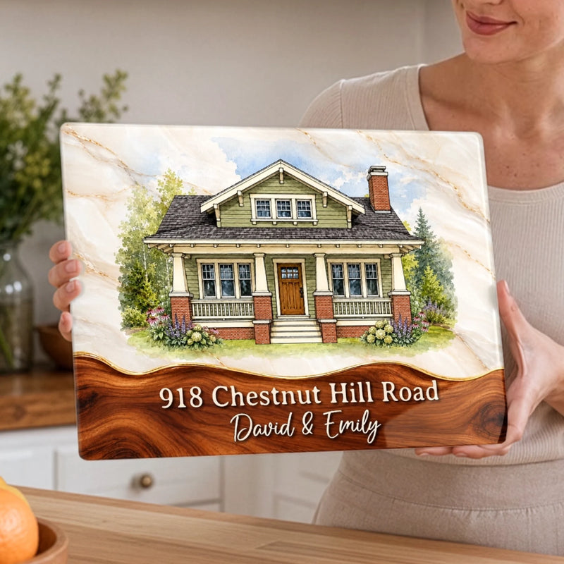 Custom Photo House Portrait Housewarming Gifts For Families - Personalized Glass Cutting Board