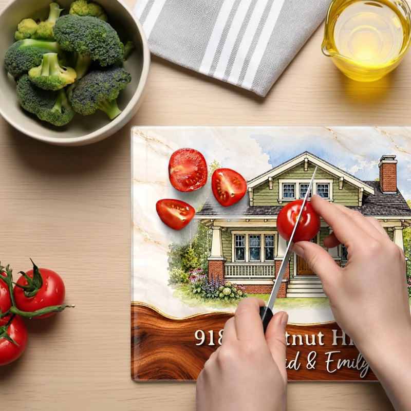 Custom Photo House Portrait Housewarming Gifts For Families - Personalized Glass Cutting Board
