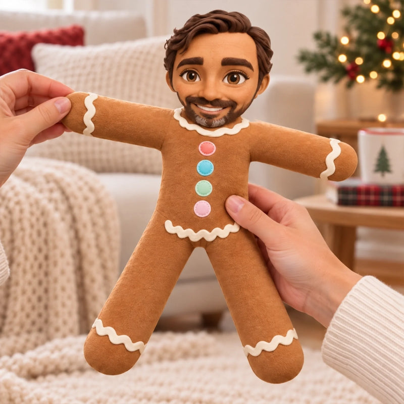 Custom Photo Gingerbread Character Christmas Gifts Besties, Sisters, Coworkers - Personalized Poseable Plush Doll