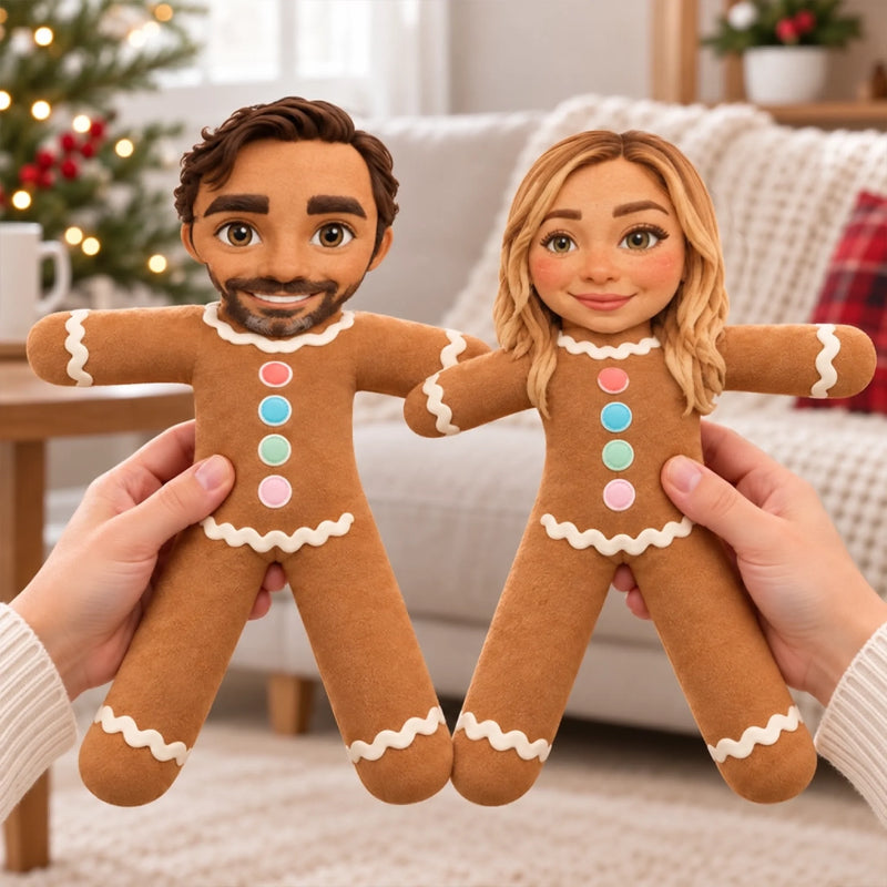 Custom Photo Gingerbread Character Christmas Gifts Besties, Sisters, Coworkers - Personalized Poseable Plush Doll