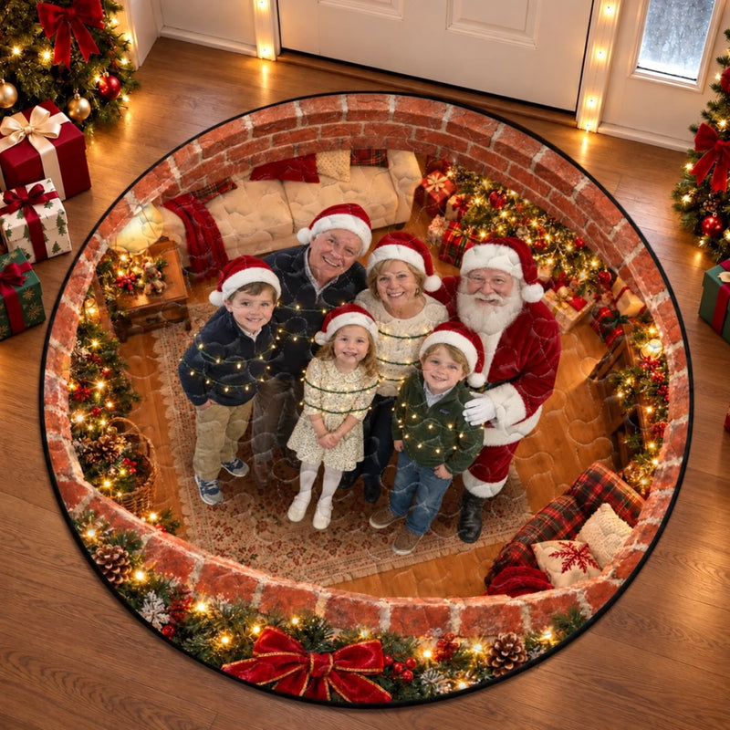 Custom Photo Santa Family Christmas Decor - Personalized Quilted Round Mat