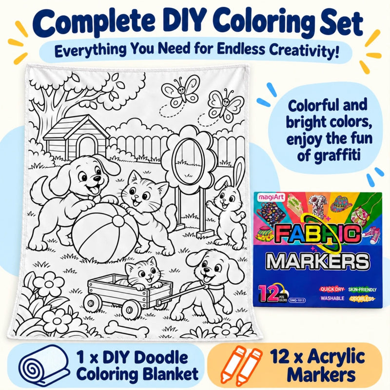 Custom Cute Animal Coloring Backyard Gifts for Kids - Personalized Doodle Blanket