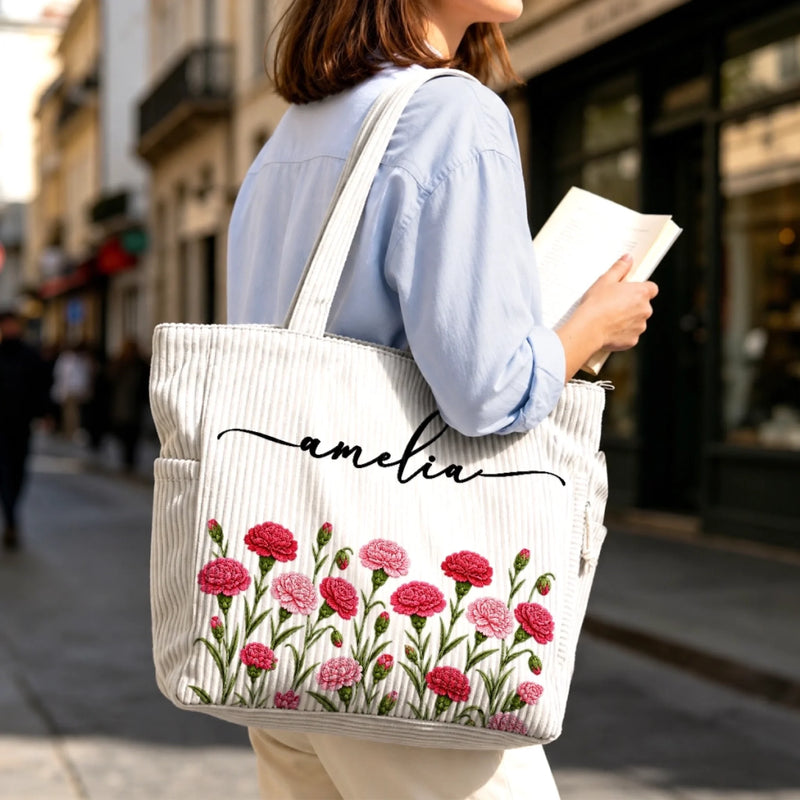Custom Name Floral Gifts For Women - Personalized Corduroy Tote Bag