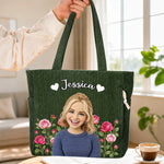 Custom Photo Name Floral Portrait Gifts For Women - Personalized Corduroy Tote Bag