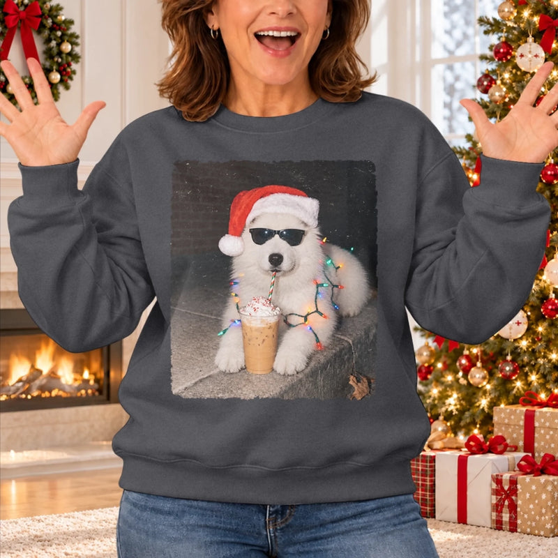 Custom Pet Photo Santa Coffee Christmas Gifts For Dog And Cat Lovers - Personalized Crewneck Pullover Sweatshirt