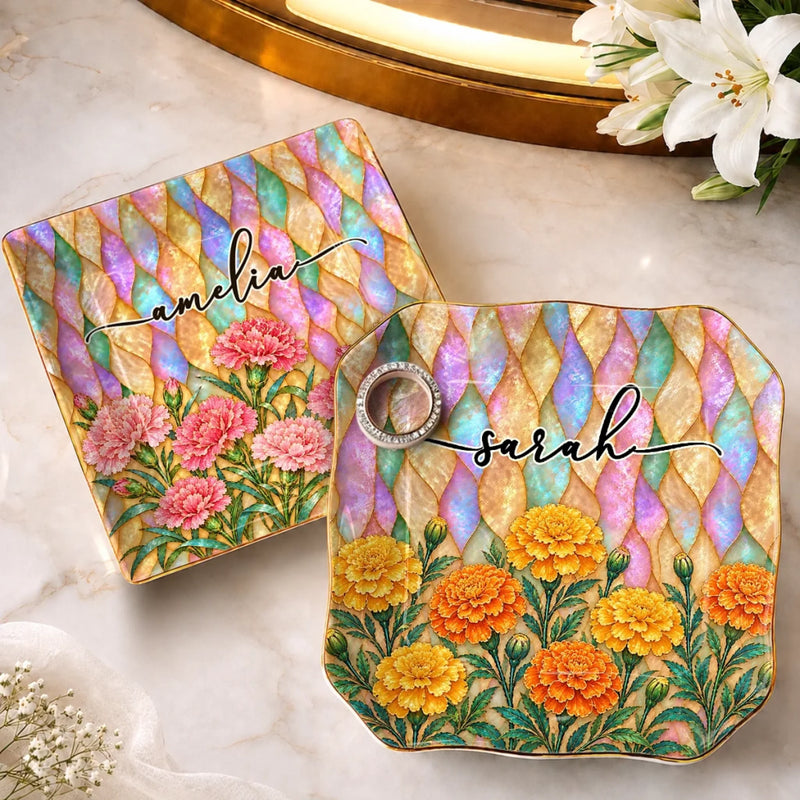 Custom Name Flower Gifts For Women - Personalized Jewelry Dish