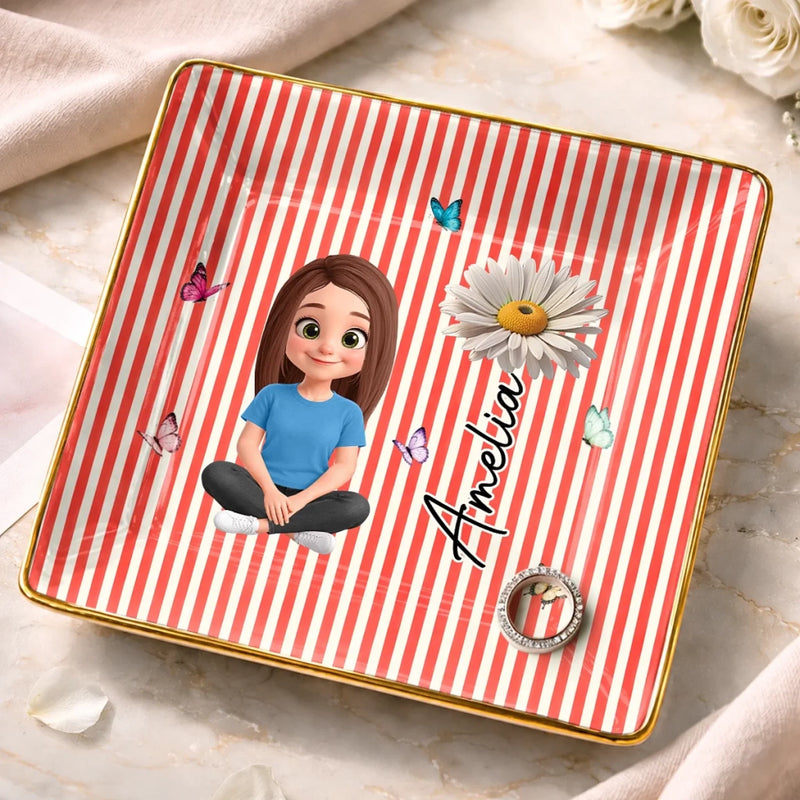 Custom Name Butterfly Girl Floral Gifts For Women - Personalized Jewelry Dish