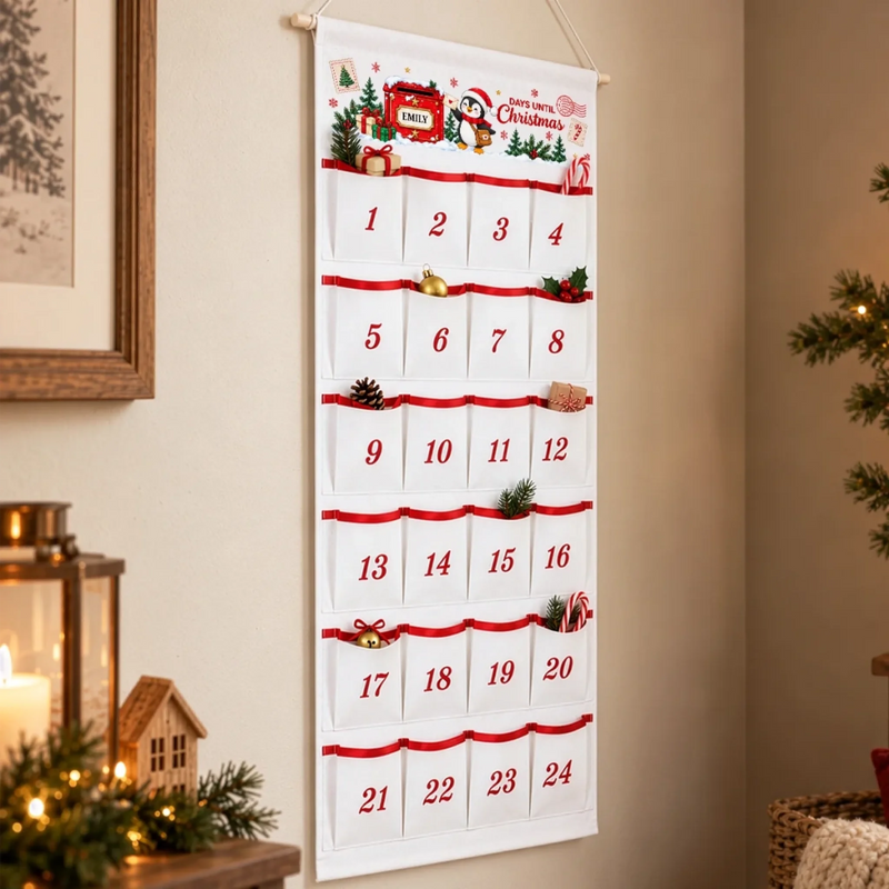 Custom Name Santa Penguin Christmas Countdown Gifts for Kids - Personalized Fabric Advent Calendar