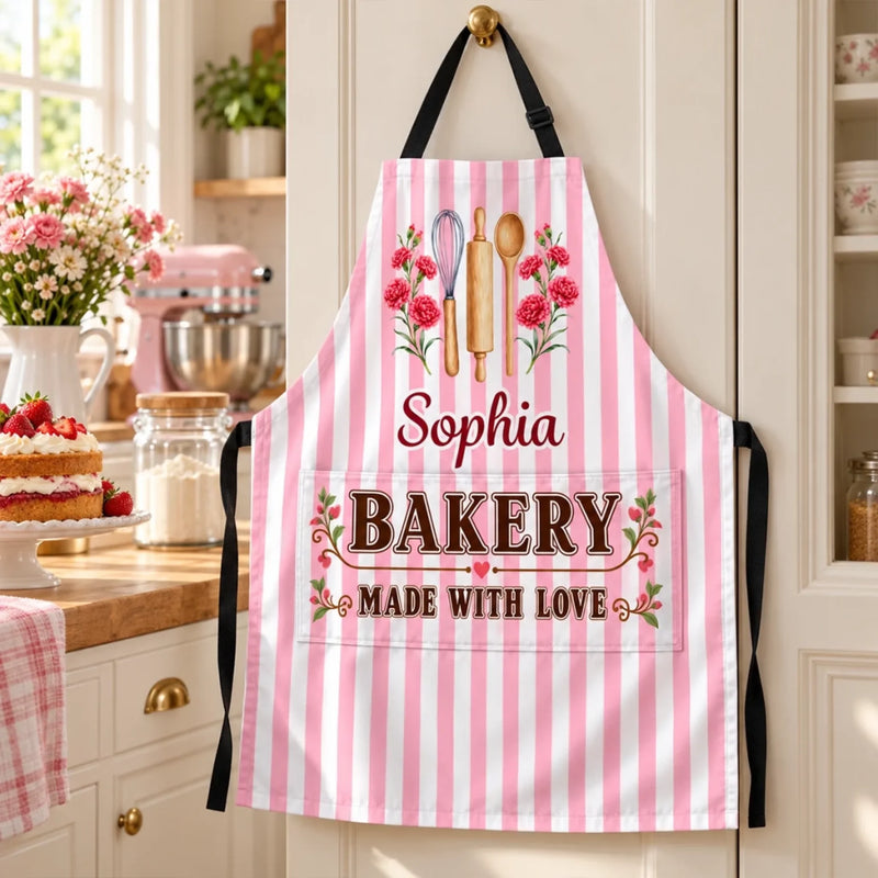 Custom Name Floral Bakery Gifts For Bakers - Personalized Apron With Pocket