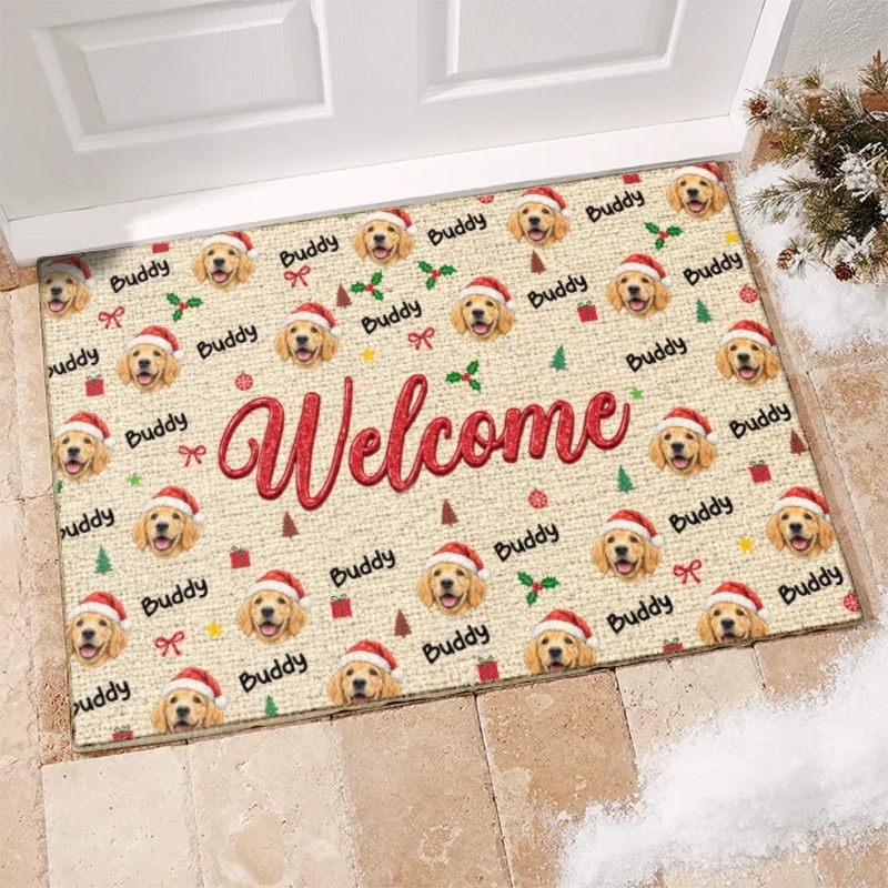 Custom Pet Photo Christmas Welcome Gifts For Dog And Cat Lovers - Personalized Decorative Mat
