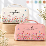 Custom Name Butterfly Wildflower Gifts For Women - Personalized PU Leather Travel Toiletry Bag