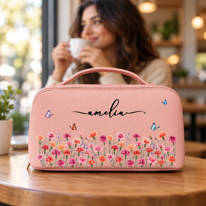 Custom Name Butterfly Wildflower Gifts For Women - Personalized PU Leather Travel Toiletry Bag
