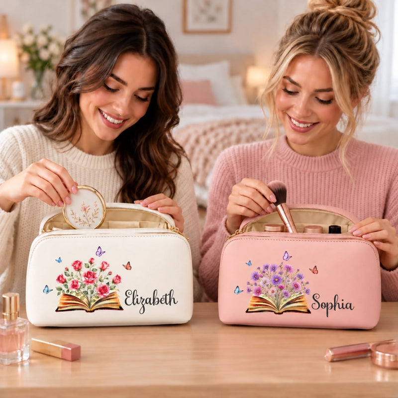 Custom Name Floral Bookish Gifts For Book Lovers, Women - Personalized PU Leather Travel Toiletry Bag