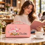 Custom Name Floral Bookish Gifts For Book Lovers, Women - Personalized PU Leather Travel Toiletry Bag