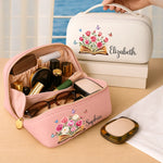 Custom Name Floral Bookish Gifts For Book Lovers, Women - Personalized PU Leather Travel Toiletry Bag