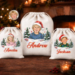 Custom Photo And Name Christmas Gifts for Kids - Personalized Drawstring Gift Bag