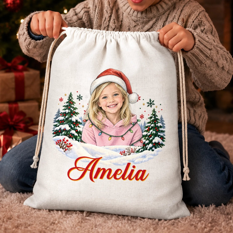 Custom Photo And Name Christmas Gifts for Kids - Personalized Drawstring Gift Bag